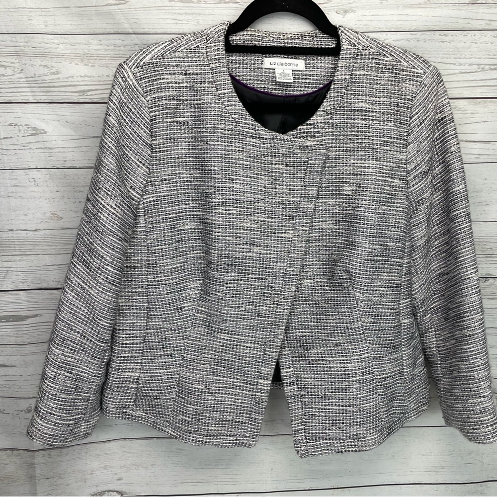 🍁 Liz Claiborne Tweed Blazer Lined Coat Jacket sz L Two Snap Neck Closure